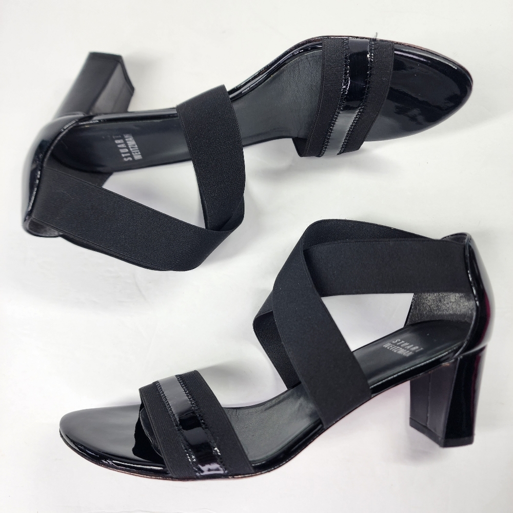 STUART WEITZMAN Midexter Elastic Black Patent Leather High Heel Sandals 7.5m - Picture 7 of 12